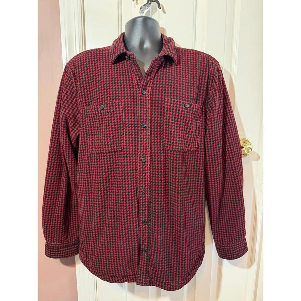 LL Bean Fleece Lined Flannel Mens Size M Red Slightly Fitted Red Black Plaid